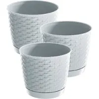Prosperplast 3x stuks ronde gevlochten plantenpotten/bloempotten kunststof dia 14.5 cm en hoogte 12.5 cm in het parel wit