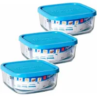 Bormioli Rocco 3x Bewaarbakjes/vershoudbakjes van glas vierkant met deksels 300 ml - Vershoudbakjes