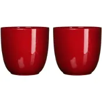 Mica Decorations 2x stuks bloempotten glans donkerrood keramiek voor kamerplant H14 x D14.5 cm - Plantenpotten