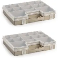 Forte Plastics 2x stuks opbergkoffertje/opbergdoos/sorteerboxen 13-vaks kunststof taupe 27 x 20 x 3 cm - Opbergbox