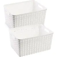 Forte Plastics 2x stuks rotan gevlochten opbergmand/opbergbox kunststof - Wit - 38 x 28 x 19 cm - Opbergbox