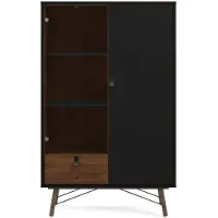 Hioshop Rye vitrinekast 1 glazen deur, 1 deur, 1 lade mat zwart, walnoot decor.