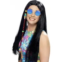 Smiffys Dames Flower Power Hippie Sixties verkleed set zwarte pruik en ronde blauwe bril