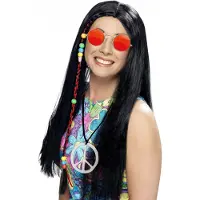 Smiffys Dames Flower Power Hippie Sixties verkleed set zwarte pruik en ronde oranje bril en peace teken ketting
