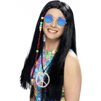 Smiffys Flower Power Hippie Sixties set - zwarte pruik - blauwe bril - peace ketting
