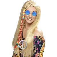 Smiffys Flower Power Hippie Sixties set - blonde pruik - blauwe bril - peace ketting - dames