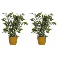 Mica Decorations 2x stuks groen/witte ficus kunstplant 40 cm met plantenpot okergeel D13.5 en H12.5 cm - Kunstplanten