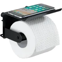 Wenko Toiletrolhouder met plankje Classic Plus Black mat zwart - Toiletpapier houder - WC Rolhouder met planchet - Bevestigen zonder boren