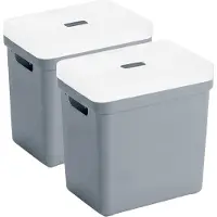 Sunware opbergboxen met deksel - 2x - Sigma Home - kunststof - 25 liter - blauw/grijs - opberg bakken / manden - 35 x 25 x 36 cm