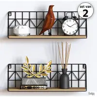 GADGY Wandrekken Industrieel - Set van 2 - Wandrek Zwart met Hout - Wanddecoratie Woonkamer - Muurdecoratie Metaal - Wandplank zwevend voor Slaapkamer - Boekenrek – 45 cm