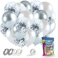 Fissaly 40 stuks Zilver, Wit & Zilveren Papieren Confetti Helium Latex Ballonnen met Accessoires – Metallic Chrome
