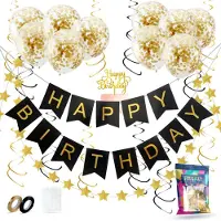 Fissaly Verjaardag Slinger Zwart & Goud met Papieren Confetti Ballonnen – Decoratie – Happy Birthday
