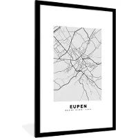 PosterMonkey Fotolijst incl. Poster Zwart Wit- Plattegrond – Eupen – Zwart Wit – Stadskaart - Kaart - 80x120 cm - Posterlijst