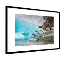 PosterMonkey Fotolijst incl. Poster - Pinguïns op Antarctica duiken het water in - 90x60 cm - Posterlijst