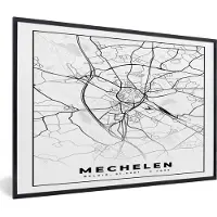 PosterMonkey Fotolijst incl. Poster Zwart Wit- België – Mechelen – Stadskaart – Kaart – Zwart Wit – Plattegrond - 120x80 cm - Posterlijst