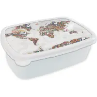 MuchoWow Broodtrommel Wit - Lunchbox - Brooddoos - Wereldkaart - Versiering - Kleurrijk - 18x12x6 cm - Volwassenen