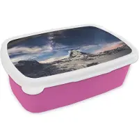 MuchoWow Broodtrommel Roze - Lunchbox - Brooddoos - Matterhorn en sterrenhemel bij Zermatt Zwitserland - 18x12x6 cm - Kinderen - Meisje