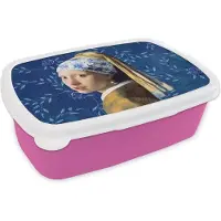 MuchoWow Broodtrommel Roze - Lunchbox - Brooddoos - Meisje met de parel - Delfts blauw - Vermeer - Bloemen - Schilderij - Oude meesters - 18x12x6 cm - Kinderen - Meisje