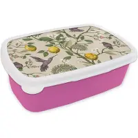 MuchoWow Broodtrommel Roze - Lunchbox - Brooddoos - Patroon - Vogel - Planten - Fruit - 18x12x6 cm - Kinderen - Meisje