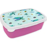 MuchoWow Broodtrommel Roze - Lunchbox - Brooddoos - Regenboog - Schildpad - Vis - Water - Patronen - 18x12x6 cm - Kinderen - Meisje