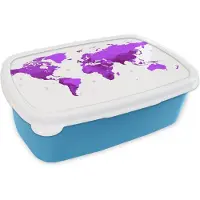 MuchoWow Broodtrommel Blauw - Lunchbox - Brooddoos - Wereldkaart - Simpel - Paars - 18x12x6 cm - Kinderen - Jongen