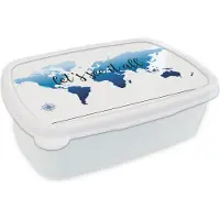 MuchoWow Broodtrommel Wit - Lunchbox - Brooddoos - Wereldkaart - Blauw - Kompas - 18x12x6 cm - Volwassenen