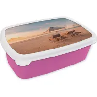 MuchoWow Broodtrommel Roze - Lunchbox - Brooddoos - Strand - Ligbed - Parasol - 18x12x6 cm - Kinderen - Meisje