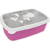 MuchoWow Broodtrommel Roze - Lunchbox - Brooddoos - Ronde en witte wereldkaart op een grijze achtergrond - zwart wit - 18x12x6 cm - Kinderen - Meisje