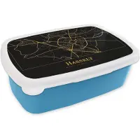 MuchoWow Broodtrommel Blauw - Lunchbox - Brooddoos - Kaart - Hasselt - Zwart - Goud - 18x12x6 cm - Kinderen - Jongen