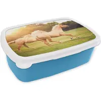 MuchoWow Broodtrommel Blauw - Lunchbox - Brooddoos - Paarden - Gras - Zon - 18x12x6 cm - Kinderen - Jongen
