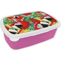 MuchoWow Broodtrommel Roze - Lunchbox - Brooddoos - Jungle - Papegaai - Vogels - Design - 18x12x6 cm - Kinderen - Meisje