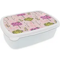 MuchoWow Broodtrommel Wit - Lunchbox - Brooddoos - Roze - Bomen - Bladeren - Design - 18x12x6 cm - Volwassenen