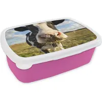 MuchoWow Broodtrommel Roze - Lunchbox - Brooddoos - Koeien - Boerderij - Gras - 18x12x6 cm - Kinderen - Meisje