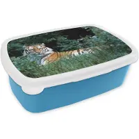 MuchoWow Broodtrommel Blauw - Lunchbox - Brooddoos - Tijger - Gras - Groen - 18x12x6 cm - Kinderen - Jongen