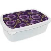 MuchoWow Broodtrommel Wit - Lunchbox - Brooddoos - Edelsteen - Patronen - Goud - Sleutel - 18x12x6 cm - Volwassenen