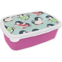 MuchoWow Broodtrommel Roze - Lunchbox - Brooddoos - Pinguïn - Schaatsen - Design - 18x12x6 cm - Kinderen - Meisje