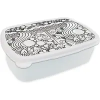 MuchoWow Broodtrommel Wit - Lunchbox - Brooddoos - Patronen - Abstract - Line Art - Zwart Wit - 18x12x6 cm - Volwassenen