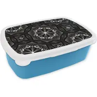 MuchoWow Broodtrommel Blauw - Lunchbox - Brooddoos - Bloemen - Design - Zwart - Wit - Geometrie - 18x12x6 cm - Kinderen - Jongen