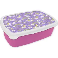 MuchoWow Broodtrommel Roze - Lunchbox - Brooddoos - Unicorn - Patroon - Regenboog - Kind - 18x12x6 cm - Kinderen - Meisje