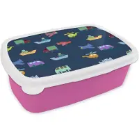 MuchoWow Broodtrommel Roze - Lunchbox - Brooddoos - Patronen - Vliegtuig - Boot - Vrachtwagen - Jongetje - Jongens - Kinderen - Kids - 18x12x6 cm - Kinderen - Meisje