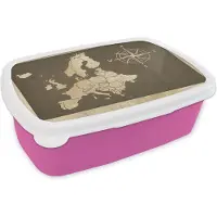 MuchoWow Broodtrommel Roze - Lunchbox - Brooddoos - Kaart Europa - Vintage - Kompas - 18x12x6 cm - Kinderen - Meisje