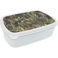 MuchoWow Broodtrommel Wit - Lunchbox - Brooddoos - Bladeren - Jungle - Vintage - Patronen - 18x12x6 cm - Volwassenen