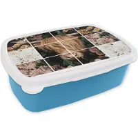MuchoWow Broodtrommel Blauw - Lunchbox - Brooddoos - Collage - Schotse Hooglander - Bloemen - 18x12x6 cm - Kinderen - Jongen