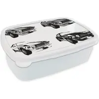 MuchoWow Broodtrommel Wit - Lunchbox - Brooddoos - Vier illustraties van muscle auto's in verschillende kleuren - zwart wit - 18x12x6 cm - Volwassenen
