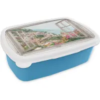 MuchoWow Broodtrommel Blauw - Lunchbox - Brooddoos - Doorkijk - Italië - Bloemen - Zee - Kust - Stad - Bergen - 18x12x6 cm - Kinderen - Jongen