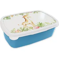MuchoWow Broodtrommel Blauw - Lunchbox - Brooddoos - Giraffe - Jungle - Bloemen - Waterverf - 18x12x6 cm - Kinderen - Jongen
