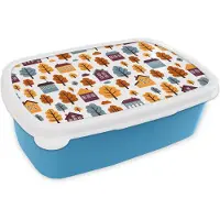 MuchoWow Broodtrommel Blauw - Lunchbox - Brooddoos - Patronen - Huis - Bomen - 18x12x6 cm - Kinderen - Jongen