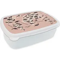 MuchoWow Broodtrommel Wit - Lunchbox - Brooddoos - Wereldkaart - Roze - Dieren - 18x12x6 cm - Volwassenen