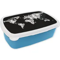 MuchoWow Broodtrommel Blauw - Lunchbox - Brooddoos - Wereldkaart - Zwart - Wit - Bladeren - 18x12x6 cm - Kinderen - Jongen