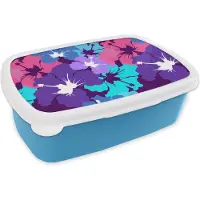MuchoWow Broodtrommel Blauw - Lunchbox - Brooddoos - Tropisch - Bloemen - Hawaii - Patroon - 18x12x6 cm - Kinderen - Jongen
